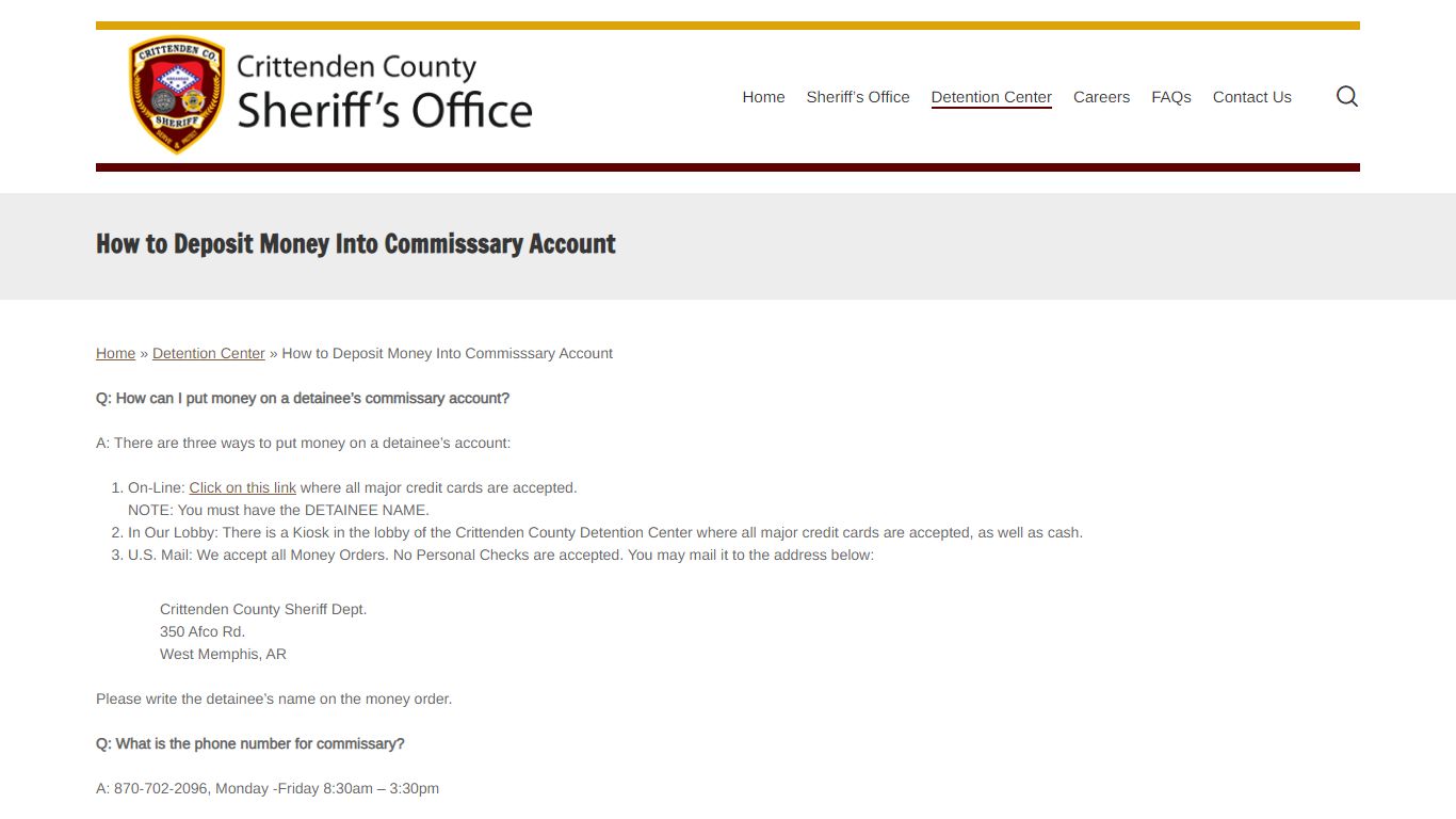 How to Deposit Money Into Commisssary Account - Crittenden County ...